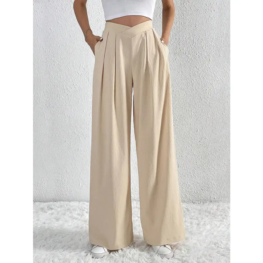 V Waisted Ruched Front Wide Leg Pants
