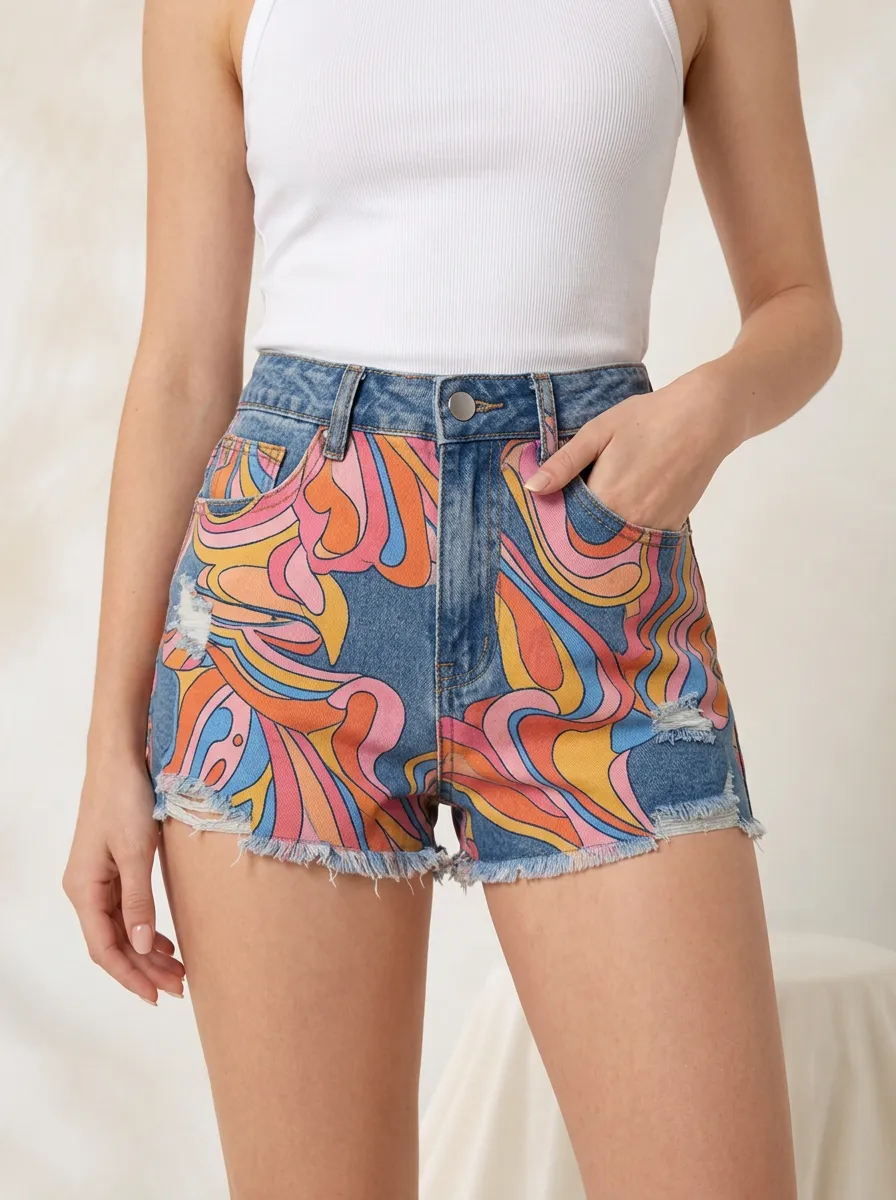 Women's Retro Psychedelic Swirl Printed Denim Shorts