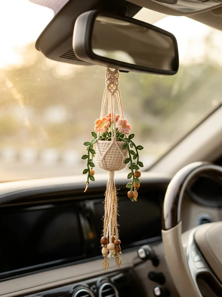 Macrame Crochet Floral Plant Rearview Mirror Hanging Ornament