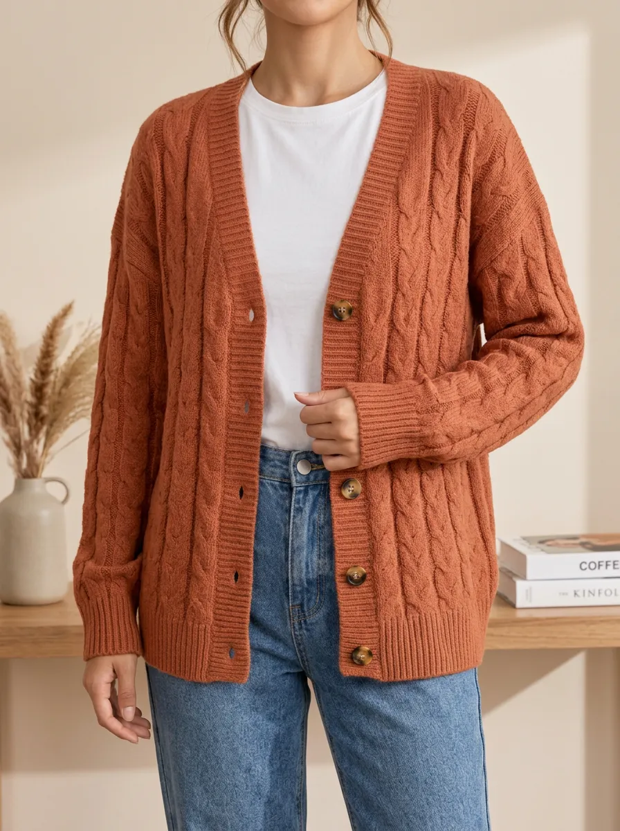 Women's Cable Knit Button Front V Neck Minimal Cardigan