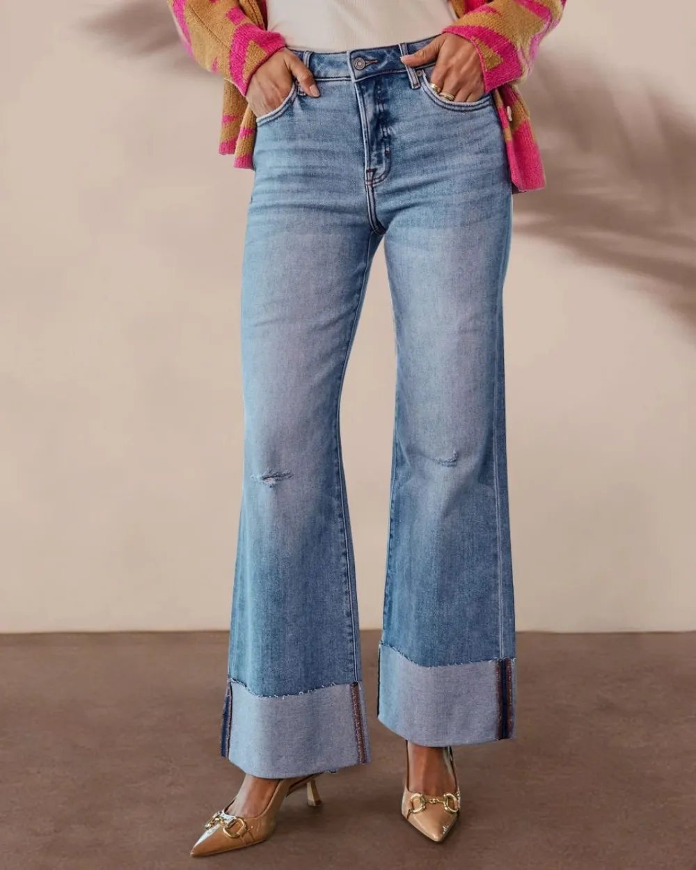 High-Rise Rolled Raw-Hem Straight Jeans