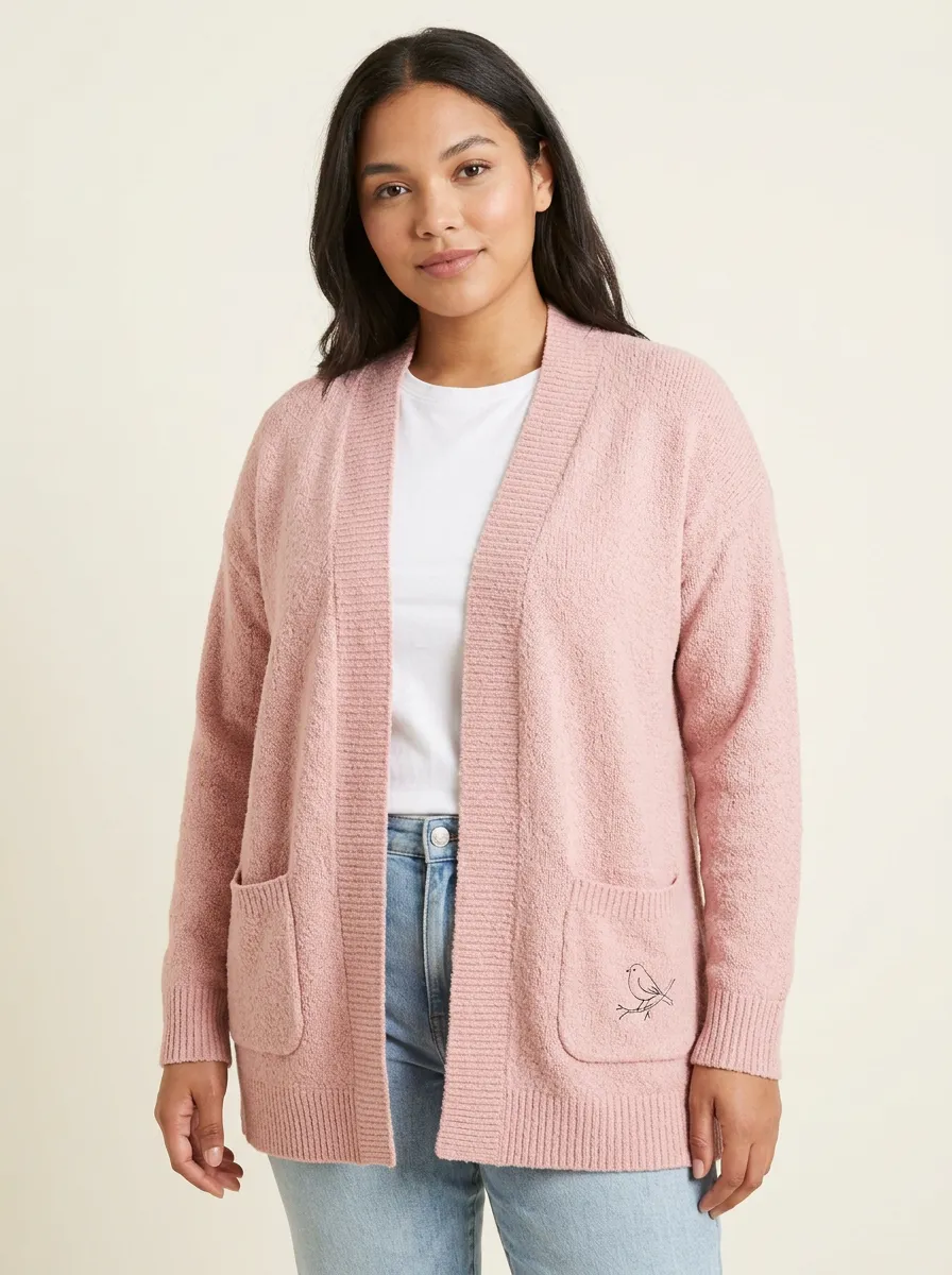 Pink Bird Embroidered Open-Front Cardigan