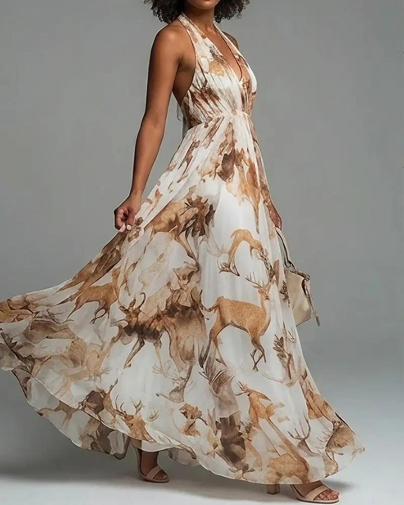 Boho Halter Neck Deep-V Flowy Maxi Dress