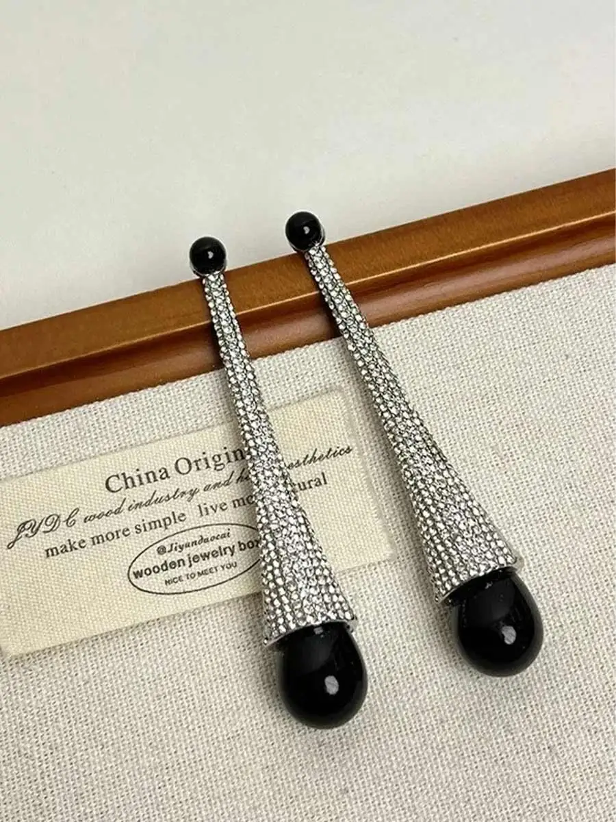 Sabina Long Tapered Rhinestone Drop Earrings