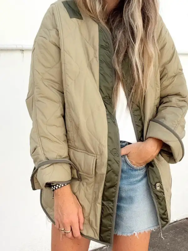 Hooded Collared Round-Neck Quilted Jacket