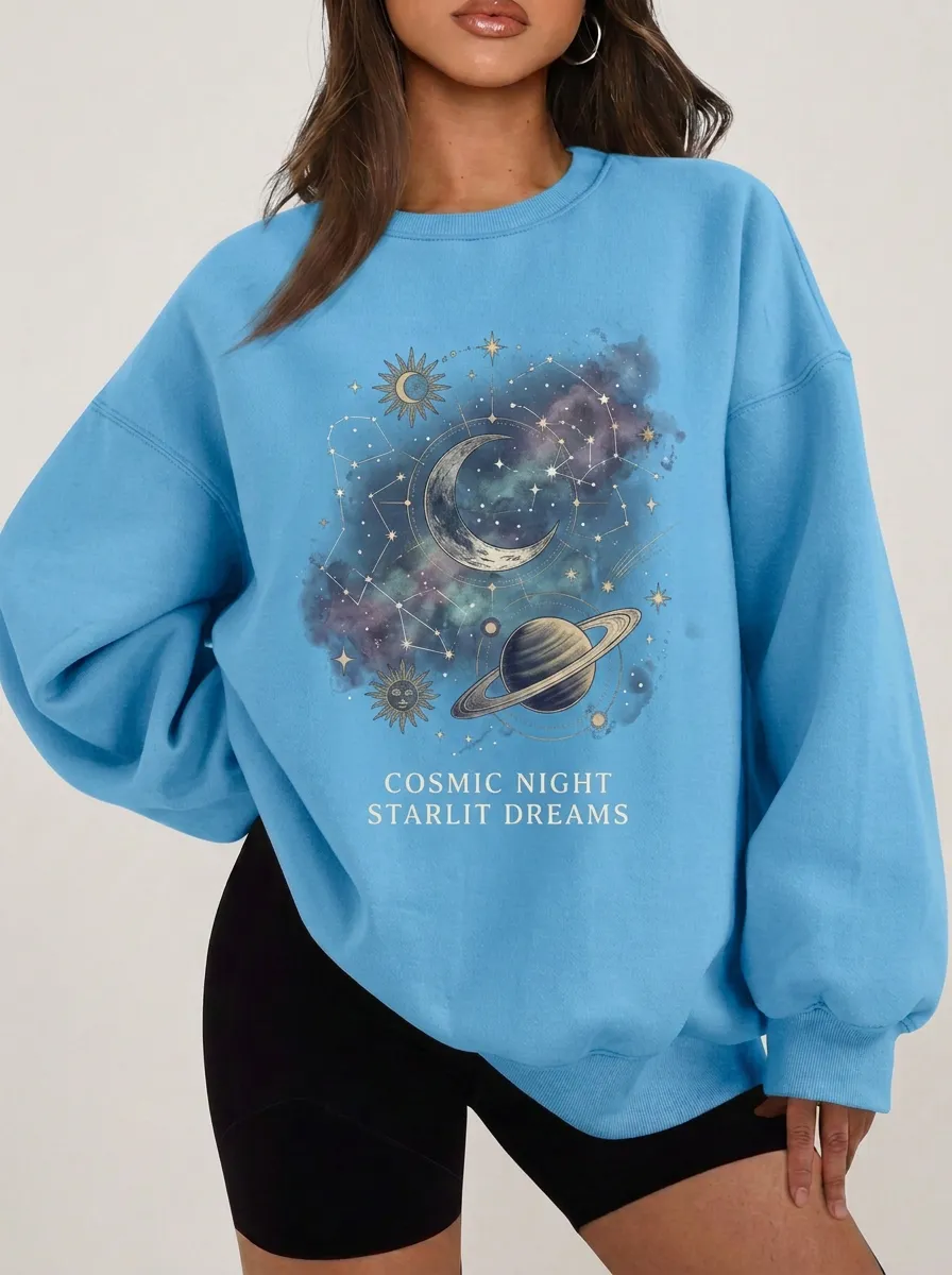 Women's Celestial Space Lover Moon Planet Printed T-shirt