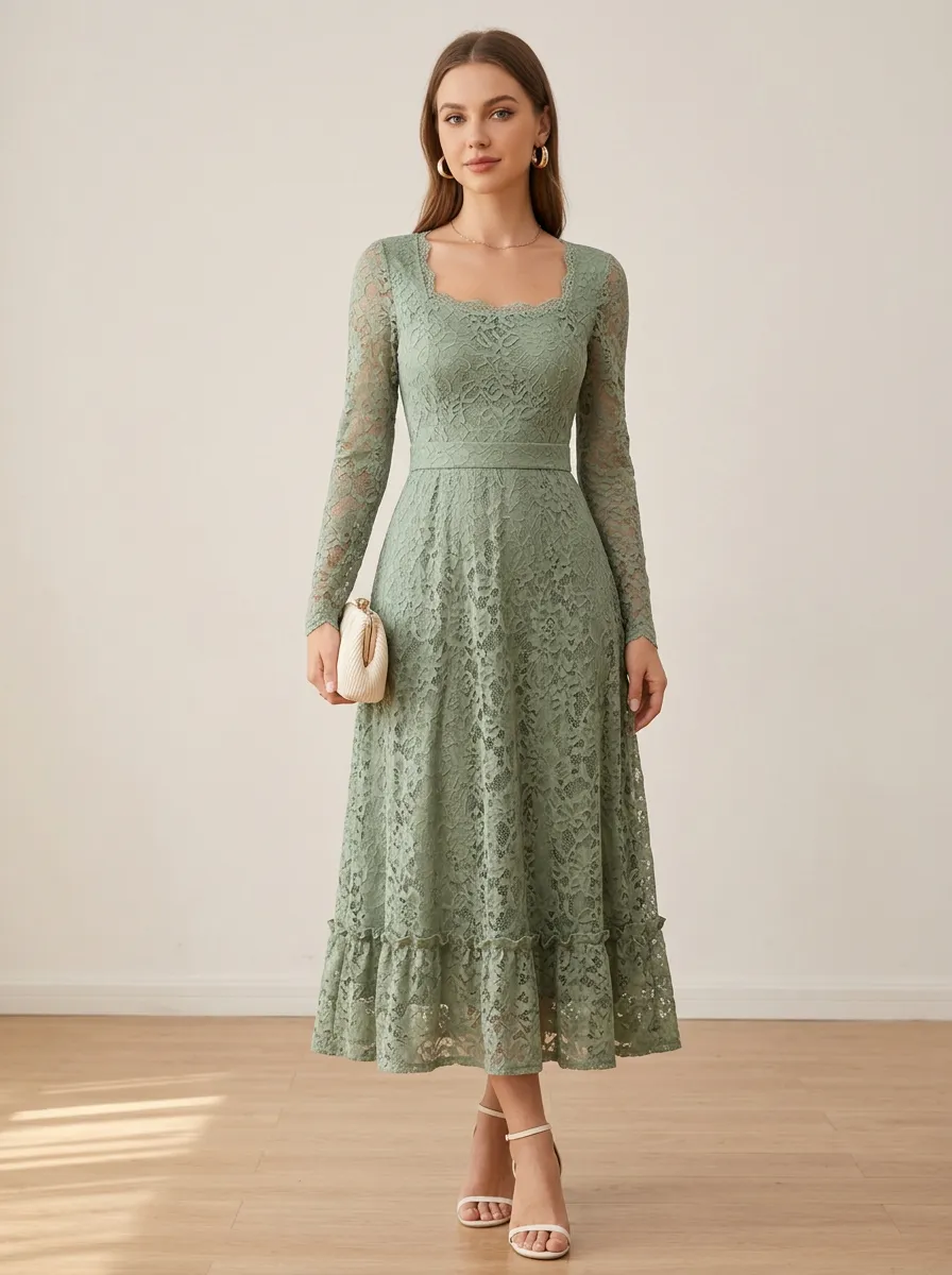 Women's Sage Green Floral Lace Square Neck Long Sleeve Midi Dress