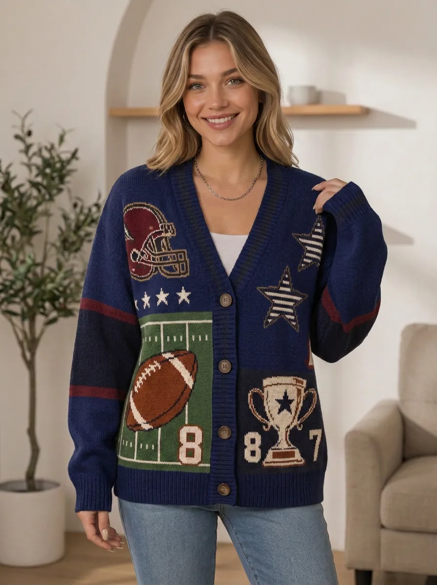 Women's Contemporary Helmet Football Trophy Knitted Cardigan