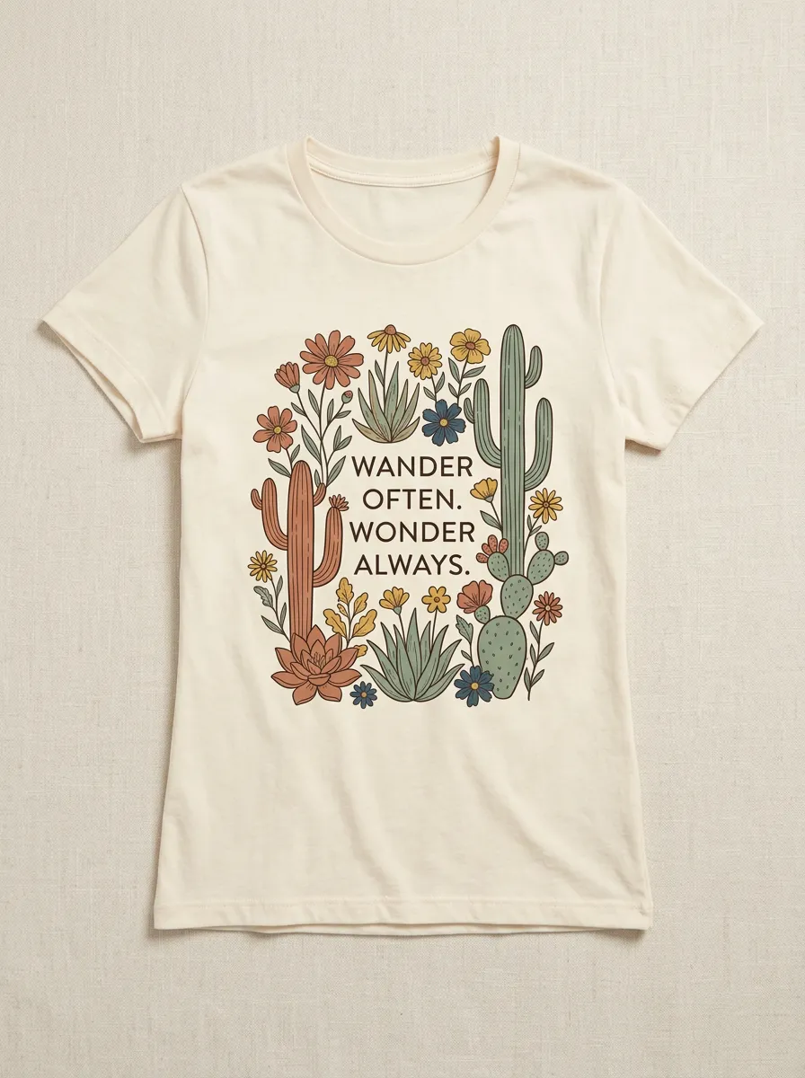 Wander Often Cactus Floral Quote T-Shirt