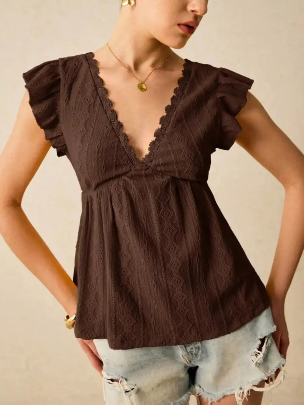 Ruffle Sleeve V Neck Blouse