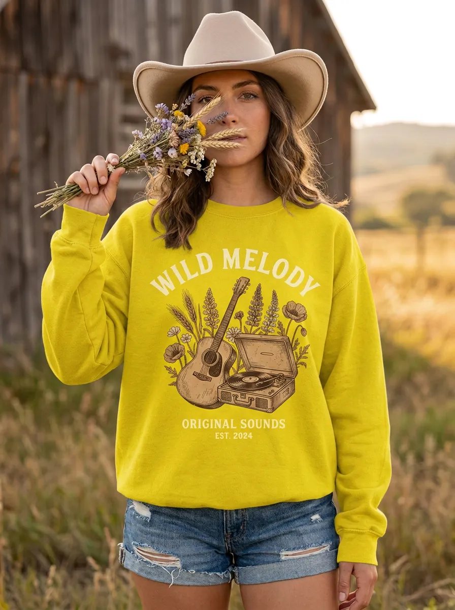 Guitar Record-Player Women's Country Music Crew Neck Sweatshirt