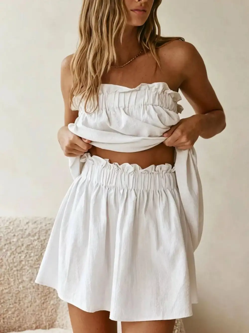 Polished Strapless Top And High-Waisted Skirt Set