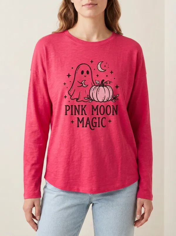 Ghost Pumpkin Moon Halloween Cotton Linen Long Sleeve Top