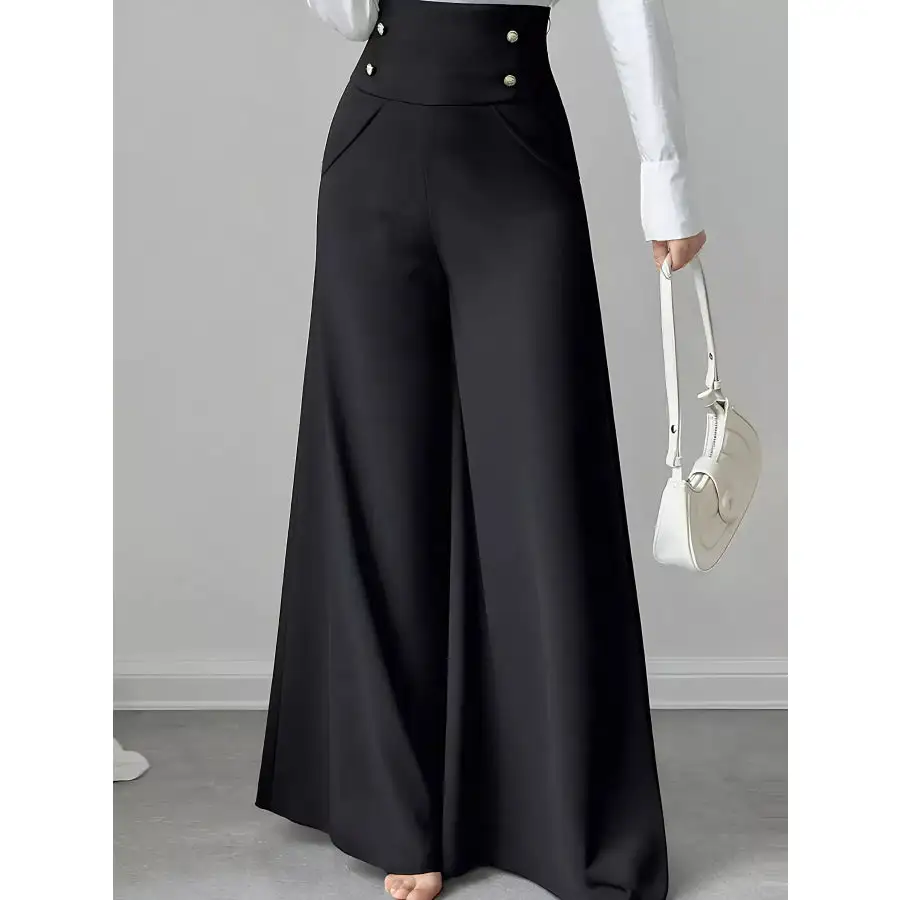 High Waist Wide Leg Button Decor Pants