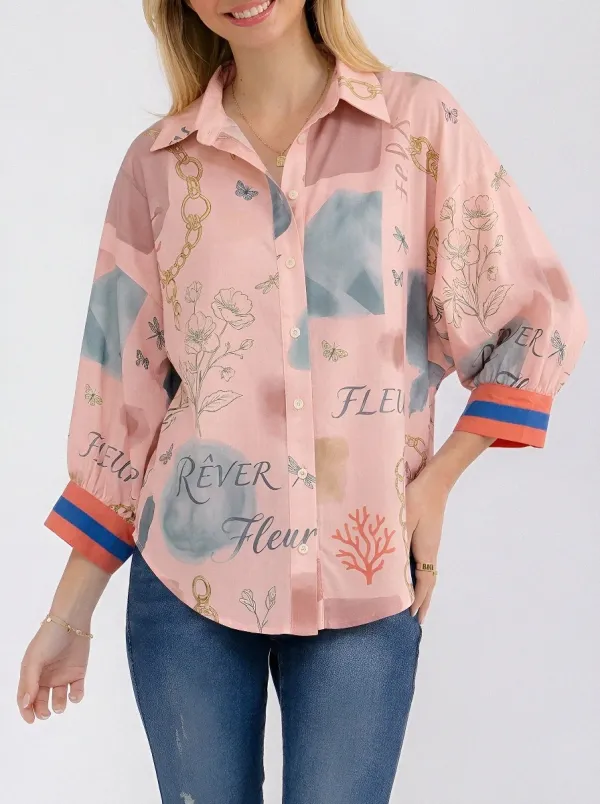 Women's Floral Butterfly Chain Print Button Down Printed Shirt