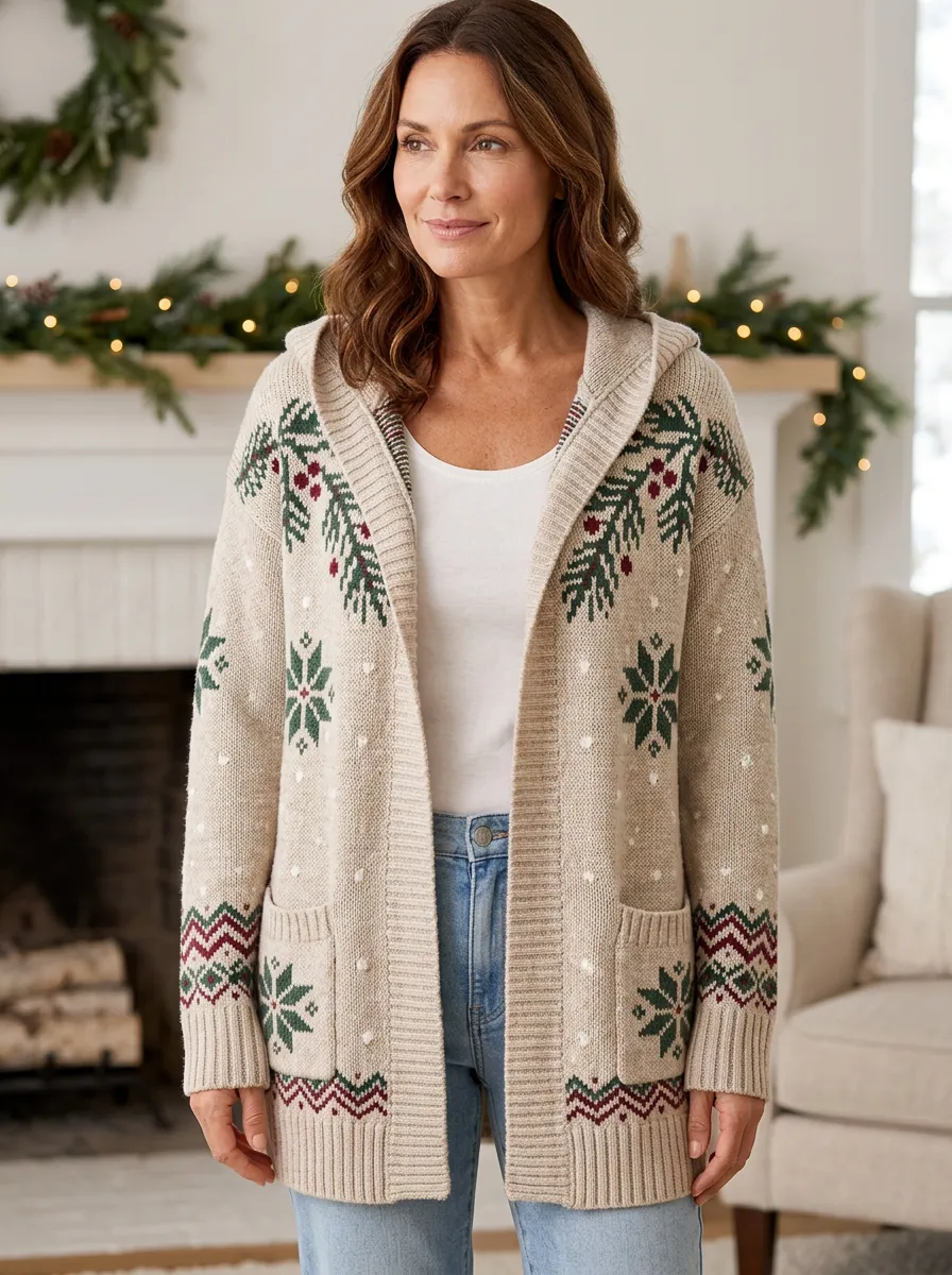 Christmas Snowflake Pine Pattern Print Hooded Cardigan