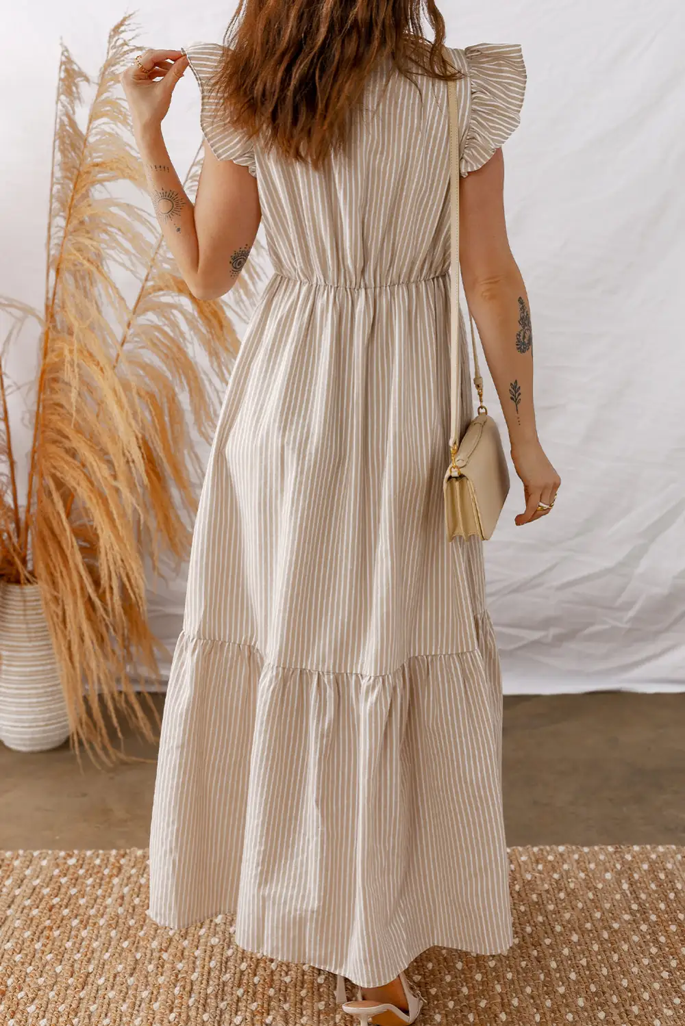 Stripe Flutter Sleeve Buttoned Front Slit Maxi Dress