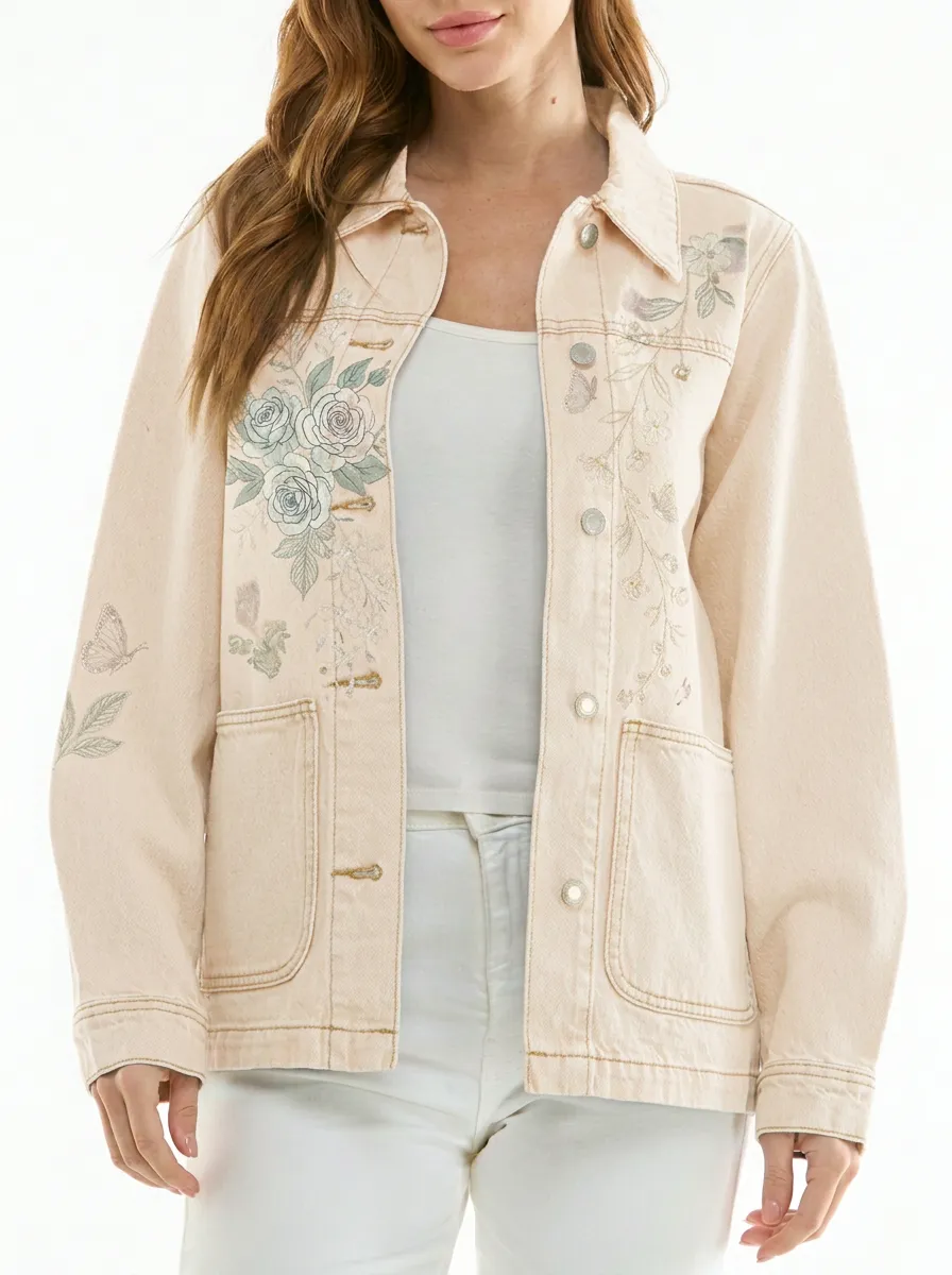 Women's Floral Butterfly Botanical Printed Denim Jacket