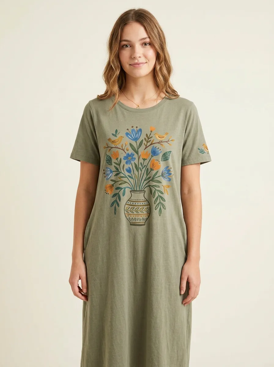 Nature Lover Floral Vase Bird T-Shirt Dress