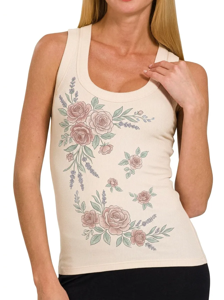 Women's Floral Aesthetic Rose Lavender Printed Ribbed Tank Top
