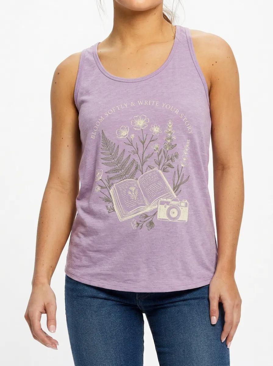 Women's Book Lover Floral Camera Printed Tank Top