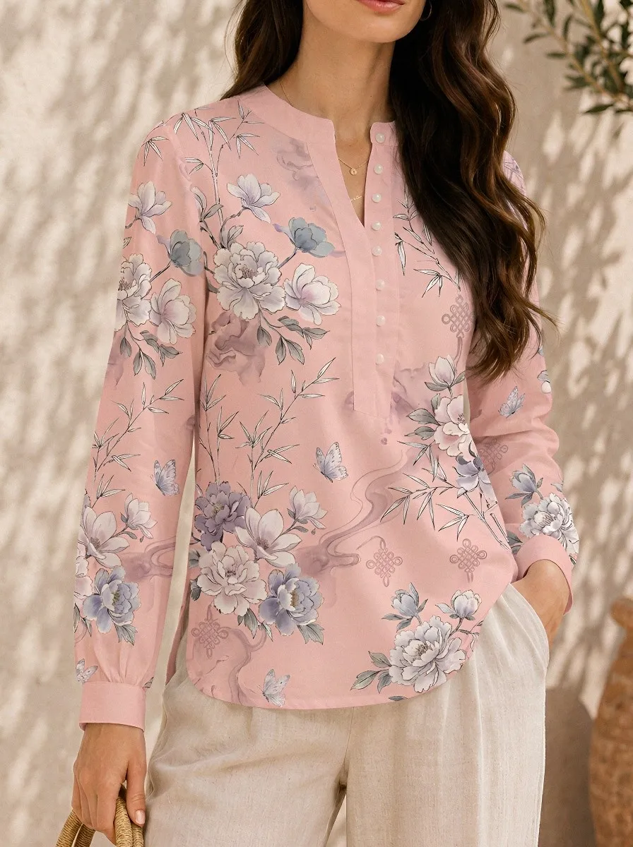 Women's Floral Butterfly Bamboo Printed Mandarin Collar Blouse