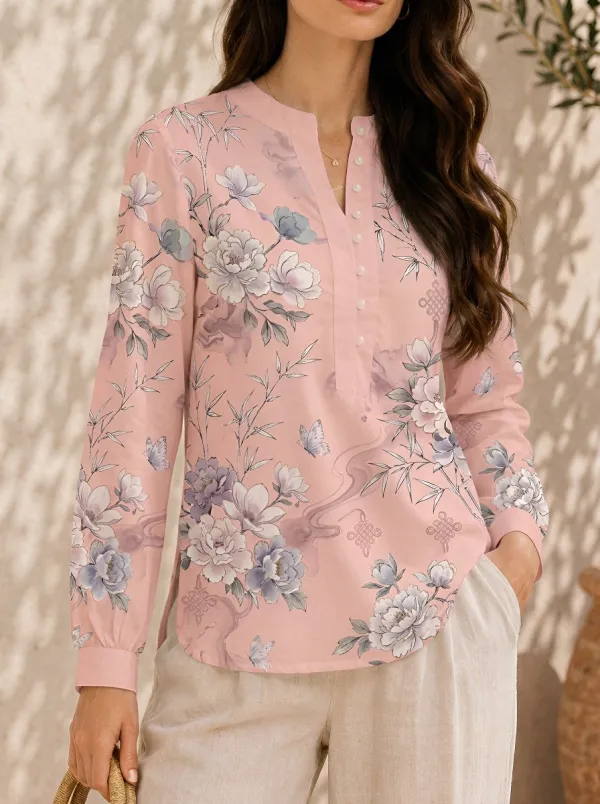 Women's Floral Butterfly Bamboo Printed Mandarin Collar Blouse