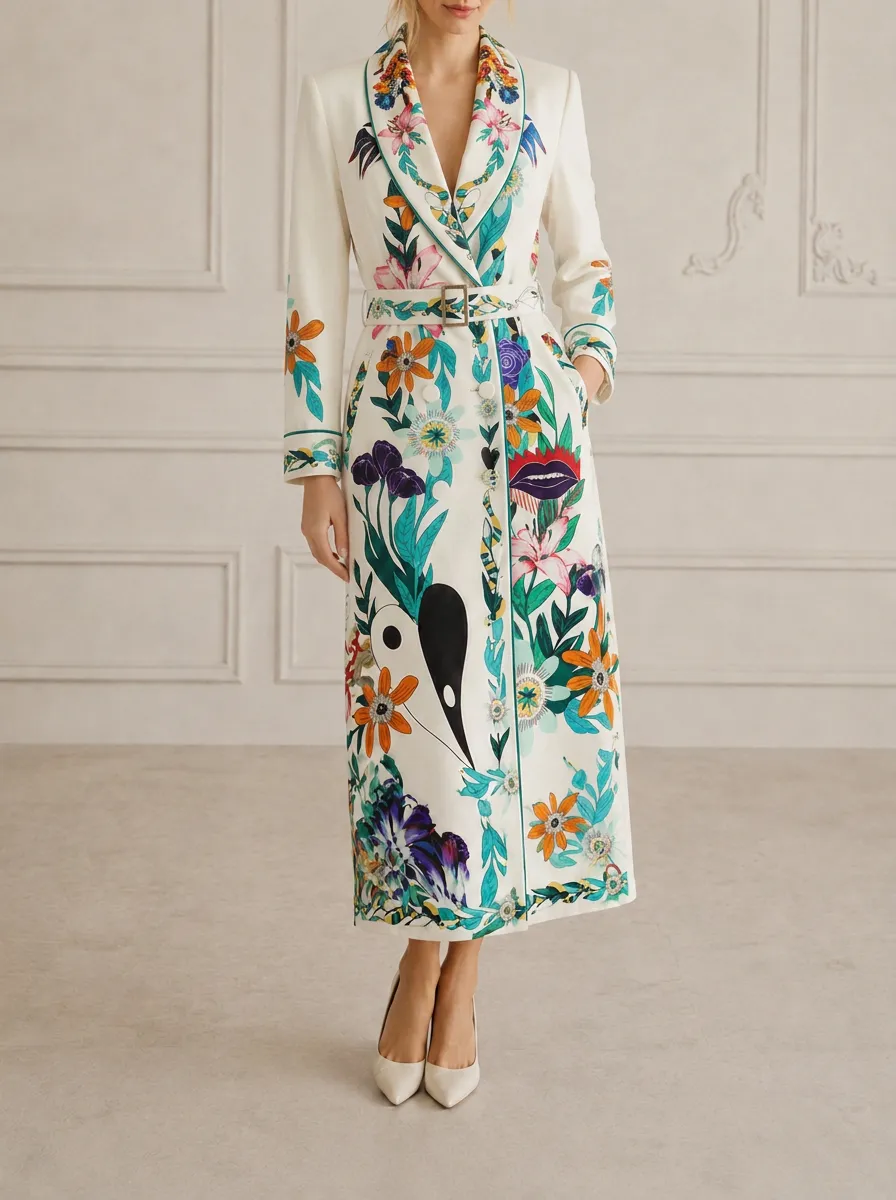 Women's Floral Botanical Abstract Printed Long Trench Coat