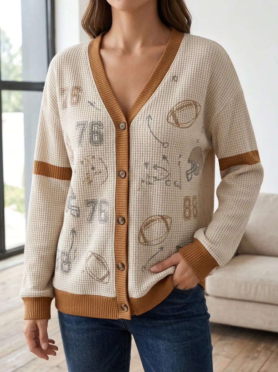 Women's Football Fan 76 Graphic Waffle Knit Printed Cardigan