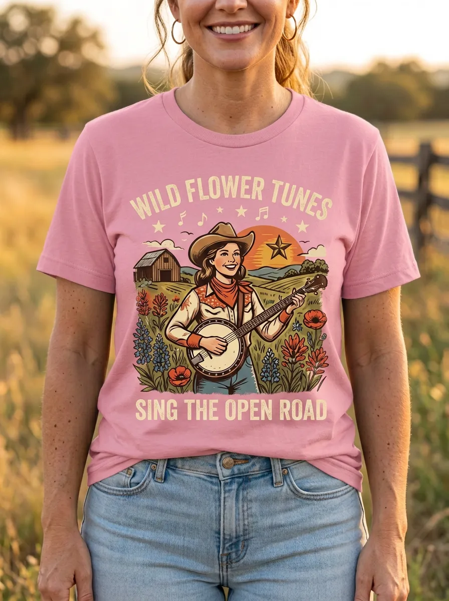Western Banjo Wildflower Women's Country Music Casual T-Shirt