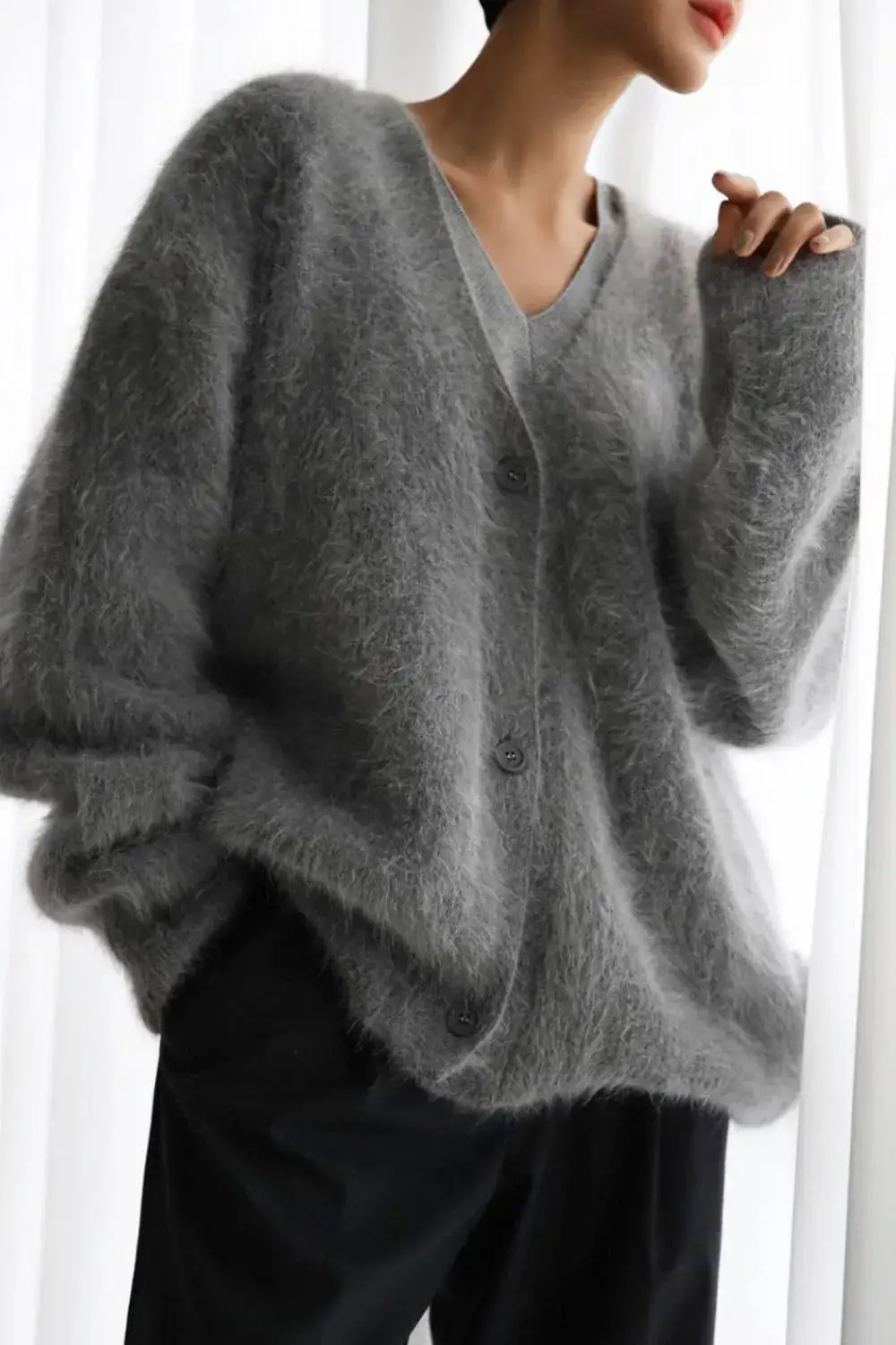 Button Down Fuzzy Long Sleeve Cardigan