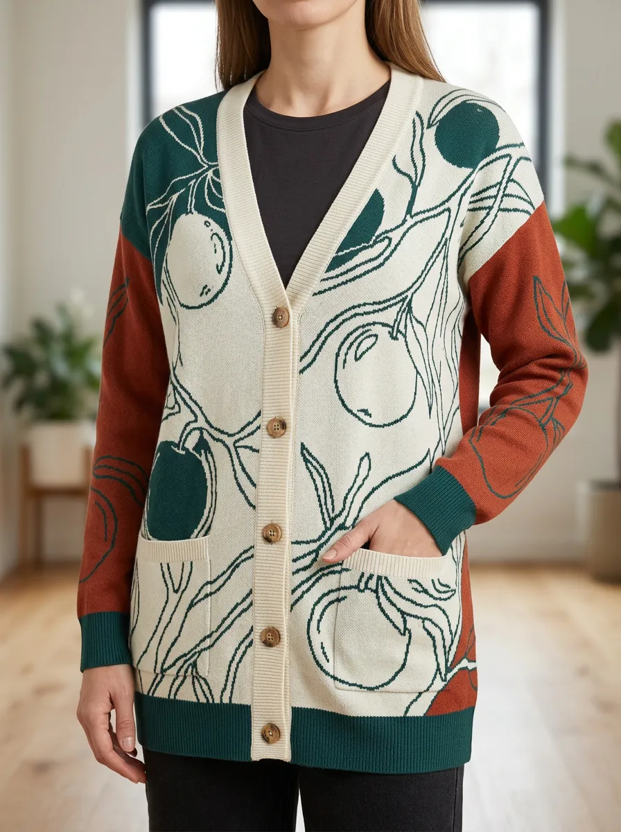 Women's Botanical Fruit Orchard Orange Printed Cardigan