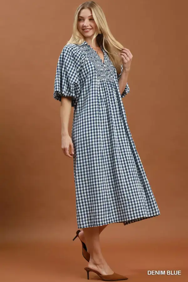 Puff Sleeve Plaid Midi Dress