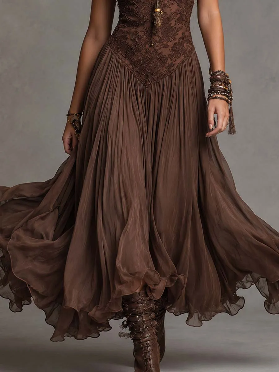 Dark Brown Lace And Chiffon Corset Maxi Dress