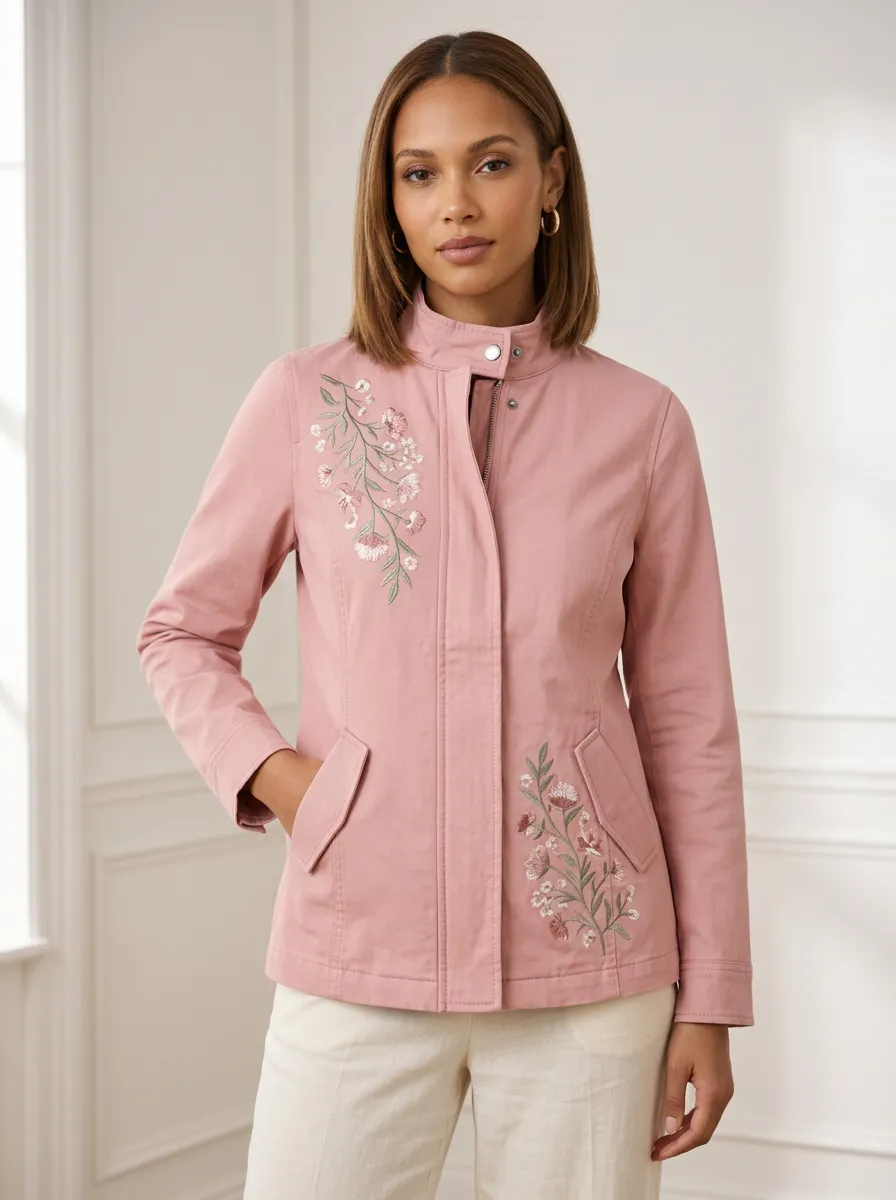 Women's Dusty Rose Floral Embroidered Utility Jacket
