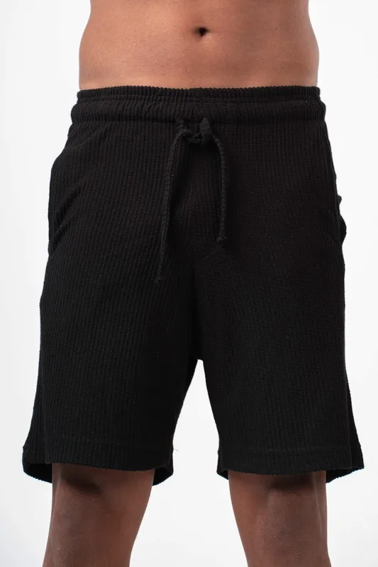 Black Textured Pull On Shorts