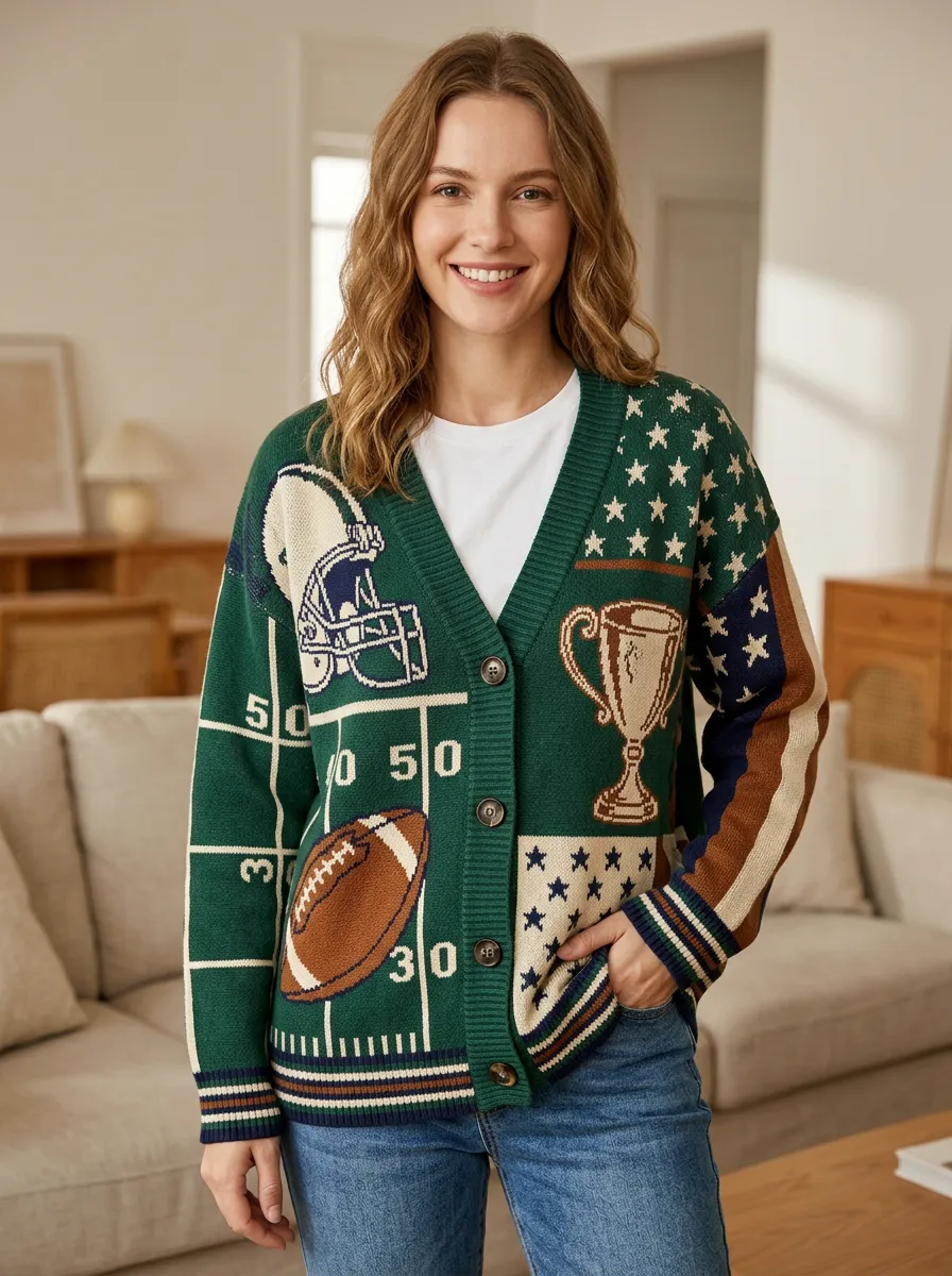 Women's Heritage Football Helmet Trophy Stars Knit Knit Cardigan