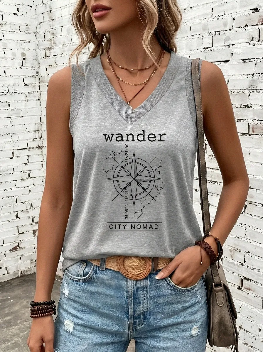 Women's Travel Wanderer Compass Map Printed V-Neck Tank Top