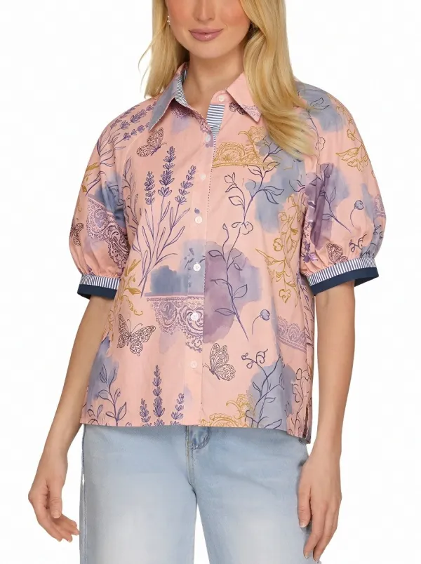 Women's Floral Butterfly Botanical Watercolor Printed Button-up Shirt