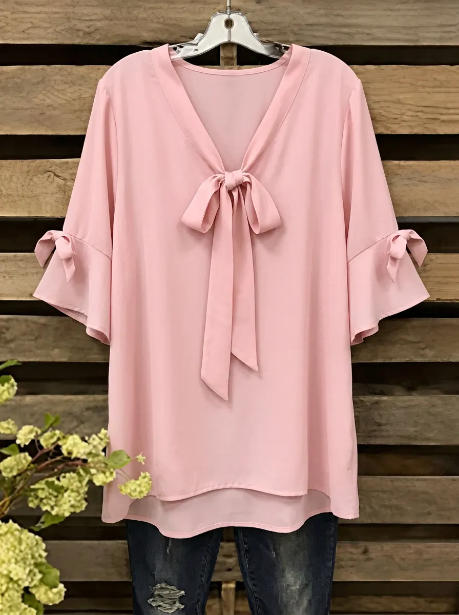 Women's V-neck Tie-neck High-low Hem Blouse