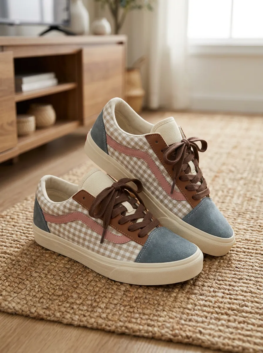 Women's Gingham Plaid Pattern Suede Patchwork Printed Sneakers