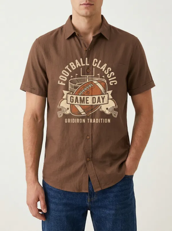 Men's Football Classic Game Day Gridiron Printed Button-up Shirt