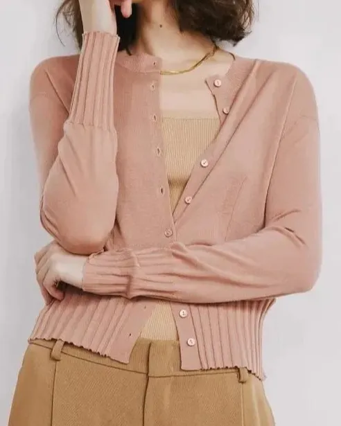 Polyester-Blend Button-Front Round-Neck Cropped Cardigan