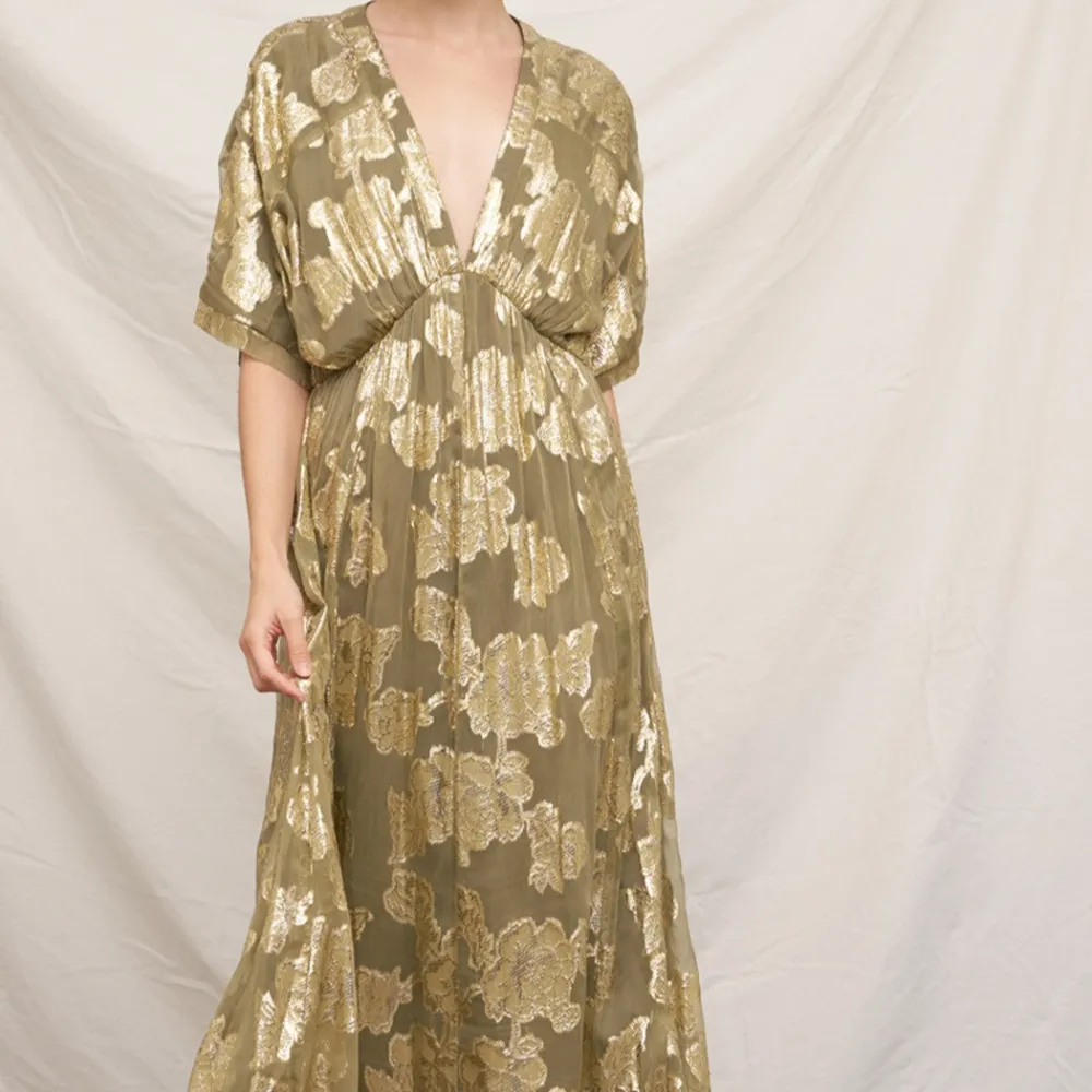 Kimono Sleeve V-Neck Metallic Detail Dress