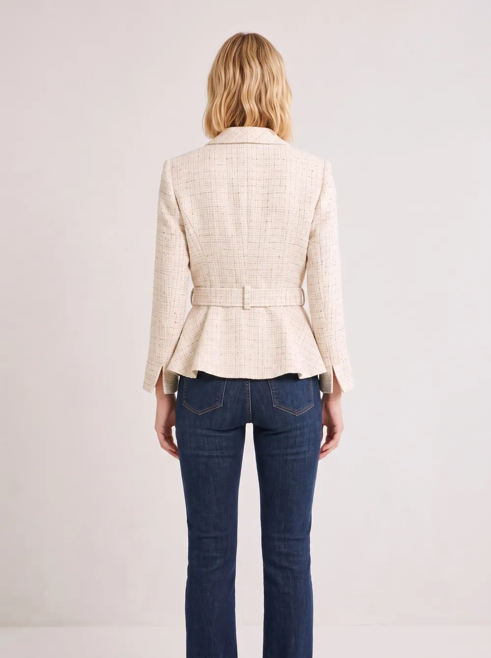 Women's Beige Tweed Peplum Belted Blazer Jacket