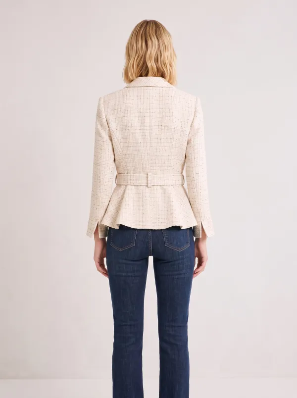 Women's Beige Tweed Peplum Belted Blazer Jacket