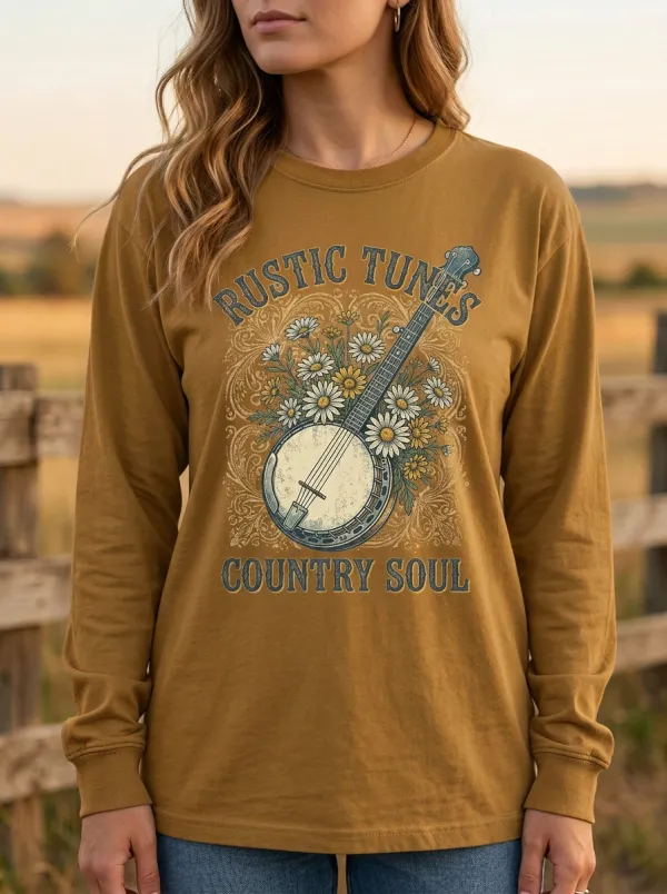 Western-Inspired Banjo Floral Women's Country Music Long-Sleeve Shirt