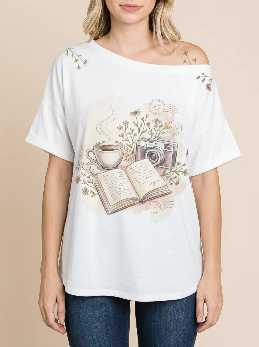 Women's Coffee Book Camera Floral Printed T-shirt