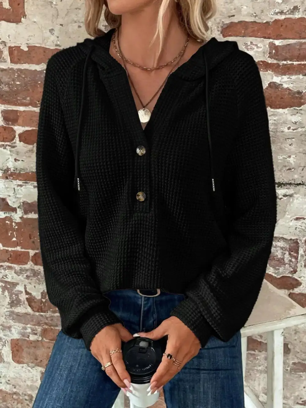Drawstring Buttoned Pocketed Waffle-Textured Hoodie