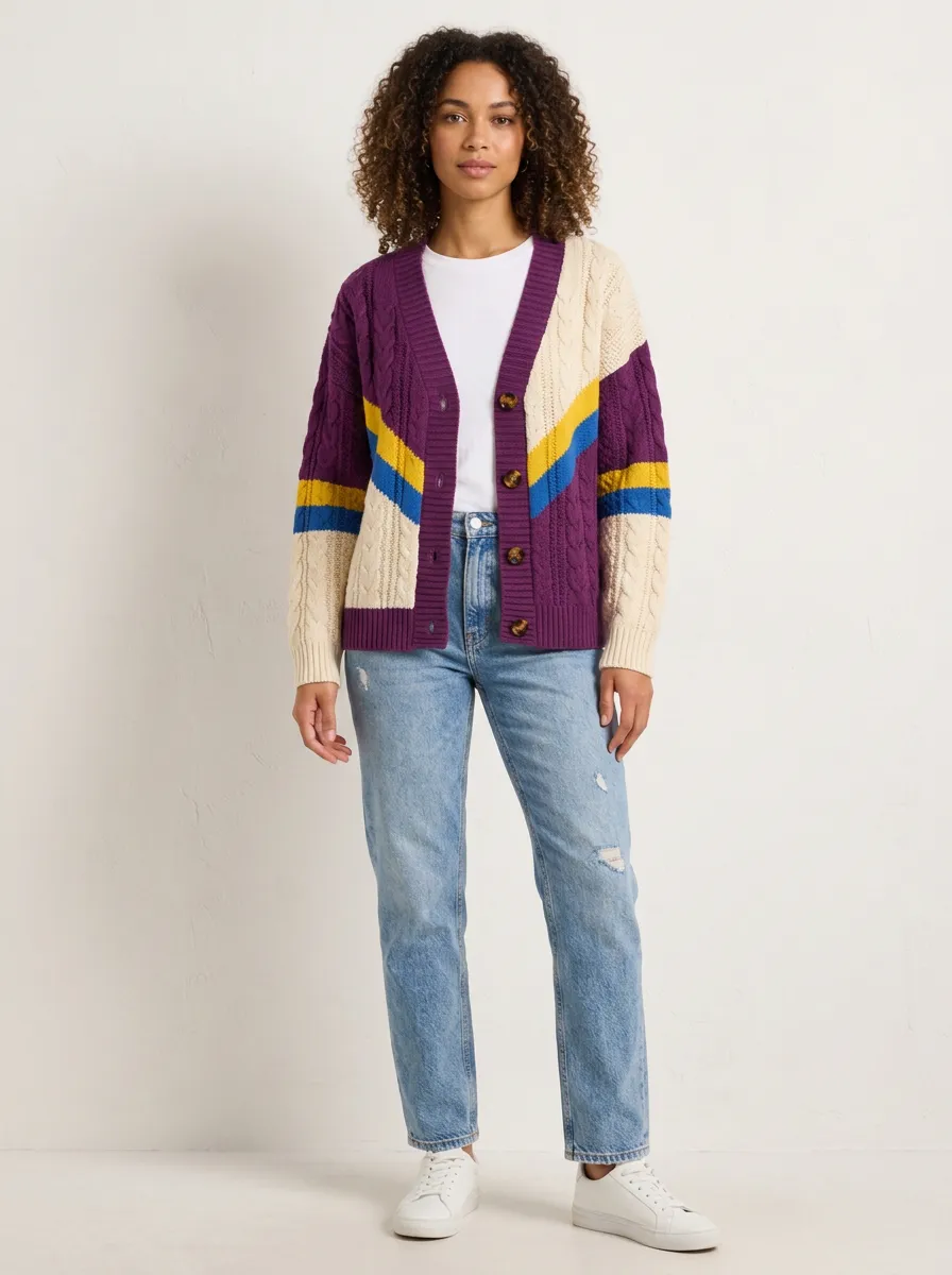 Women's Multi-Color Colorblock Cable Knit Cardigan